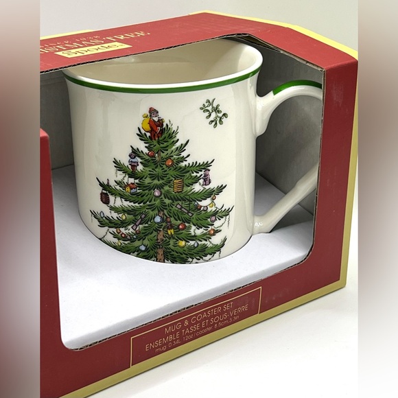 Spode Christmas Tree Ceramic Coffee Tea Mug 12 oz & Round Coaster 3.3" Set NIB - Picture 10 of 10